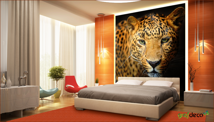 Fototapety Afryka - wizualizacja drapieżnego lamparta w sypialni, nad łóżkiem