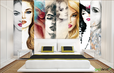 Wizualizacja fototapety, grafika twarzy kobiety w różnych stylach malarskich powieszona w sypialni