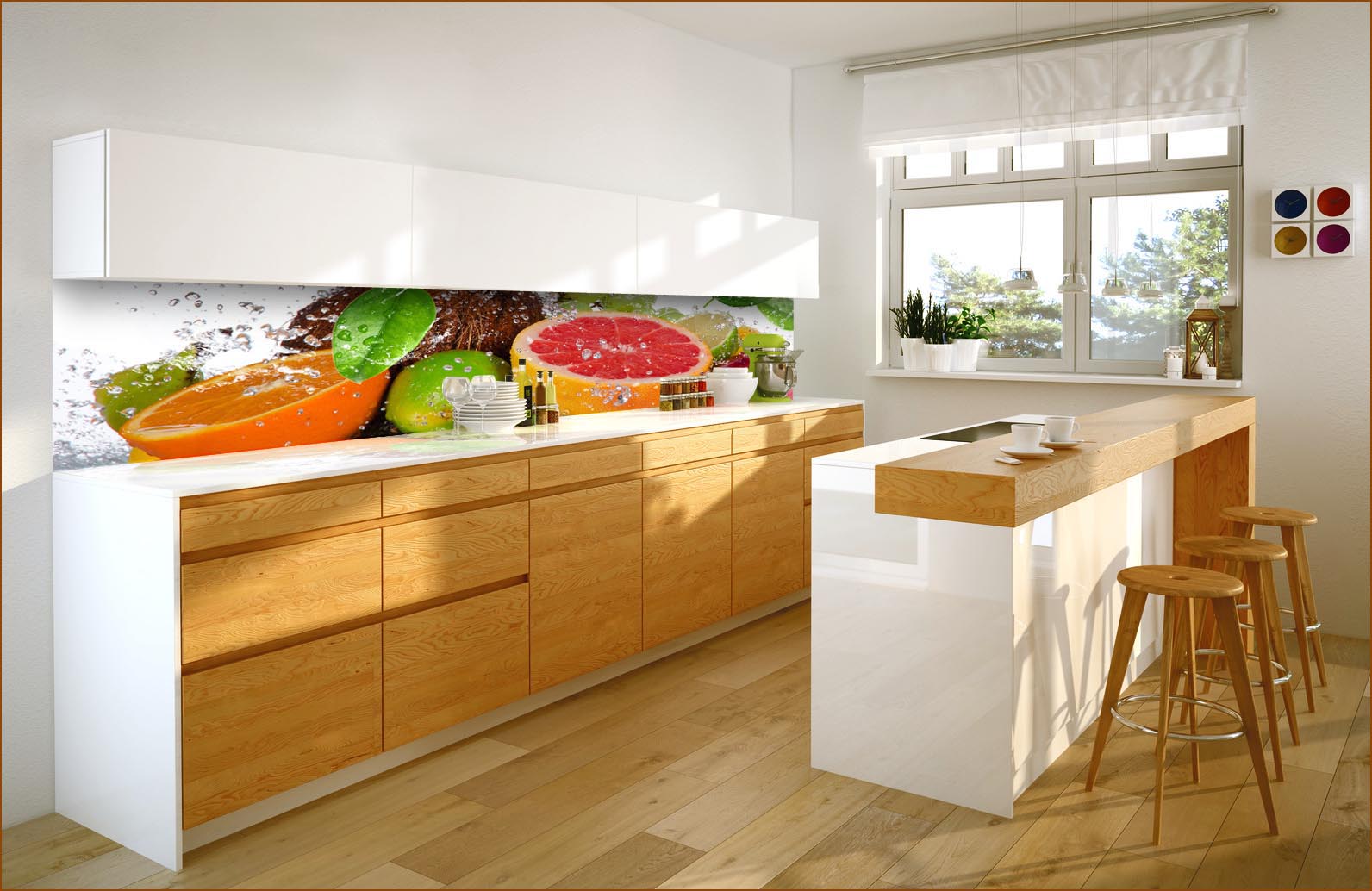 Fototapeta do kuchni - wizualizacja owoców cytrusowych  między szafkami